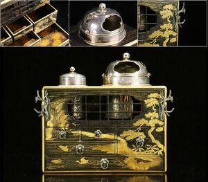  Edo period. book@. large name tool!book@ gold lacqering flowers and birds writing scenery map smoke . tray original silver fire . name house warehouse exhibition [64172wqq]