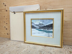 R-075899　【真作】 松本栄　「雪の最上川」　日本画(絵画、風景、額装、共シール、箱付き)(R-075899)