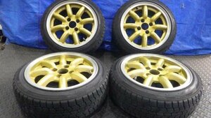 【宮城 塩釜発】中古 冬タイヤ・社外ホイールセット 4本 155/55R14 溝無し ひび有り ゴールド 自家塗装有り ※個人宛発送不可