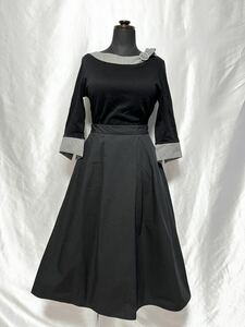  neck around . sleeve .. check. dressing up . short sleeves cut and sewn × gathered skirt *BLACK* waist rubber * elegant 