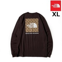 1円～!売切!【正規新品】THE NORTH FACE◆L/S BOX NSE TEE 長袖 Tシャツ ロンT US限定 ボックスロゴ 男女兼用 キャンプ(XL)茶 総柄180902-5_画像2