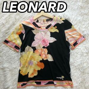 LEONARD レオナール Tシャツ 半袖 カットソー 総柄 プリント 花柄　フラワー ブラック ブラック 女性 レディース L 高級