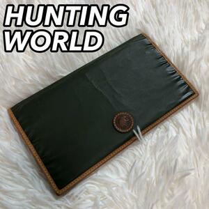 1スタ HUNTING WORLD ハンティングワールド 長財布 ロングウォレット 折財布 バチュークロス風 グリーン 緑色 男性 メンズ ブランドロゴ 