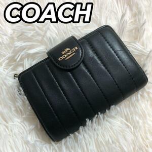 COACH コーチ 財布 ウォレット コインケース 二つ折り ファスナー ミニ 黒色 ブラック ストライプ 女性 レディース 小物 PUレザー