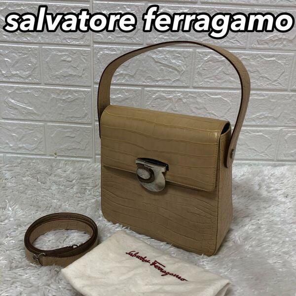 Ferragamo フェラガモ ガンチーニ ショルダーバッグ ハンドバック 鞄 カバン レディース 女性 2way エンボス クロコ調 自立可能 型押し