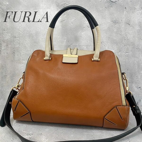 FURLA フルラ バイカラー レザー ハンドバッグ ショルダーバッグ 2way