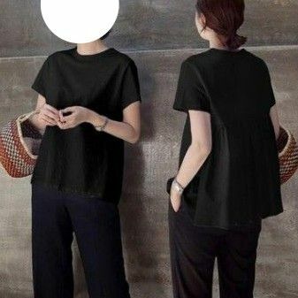半袖Tシャツ M 異素材 バックフリル シンプル ゆったり カジュアル 半袖 無地大人 韓国ファッション ブラウス 黒色トップス