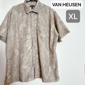 pm516.12 VAN HEUSEN アロハシャツ 半袖 レギュラーカラー ヴァンヒューゼン ハイビスカス アース カーキ XL