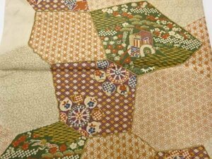 092331# 【1円～】アンティーク　石畳に御所車・槌車模様刺繍名古屋帯