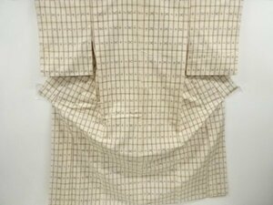 093077# 【1円～】アンティーク　格子に抽象模様織り出し手織り紬着物