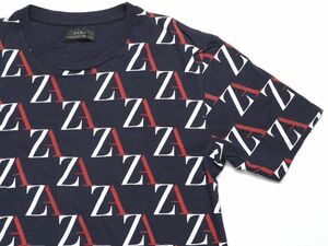 古着★ZARAMAN ザラマン★ZA総柄クルーネック半袖Tシャツ★M★40【0722/305】ネイビー紺【本物保証】正規品★入手困難★メンズ★完売