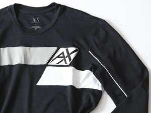 中古品★ARMANI EXCHANGE アルマーニ エクスチェンジ★袖切替クルーネックワッペンロゴ長袖Tシャツ★L★ブラック黒【本物保証】汚有