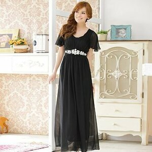 新品 半袖 ロング丈ドレス ワンピース 黒 XL-3XL大きいサイズ DJ560