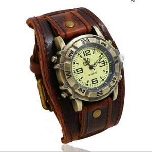 新品$レトロビッグワイド本物レザーストラップ腕時計　メンズパンク ウォッチ腕時計　ブレスレットバングルレロジオ masculino ZCL395