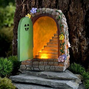 妖精のドア ガーデンライト オーナメント 太陽光置物 かわいい 庭 インテリア アソーラーLED エルフステップ ミニチュア置物 ツリー LHA039