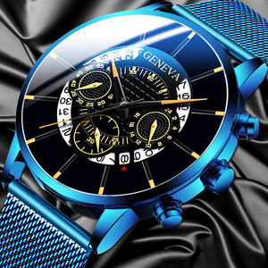 高級メンズファッションビジネスカレンダー腕時計ブルーステンレス鋼メッシュベルトアナログクォーツ時計YWQ2010