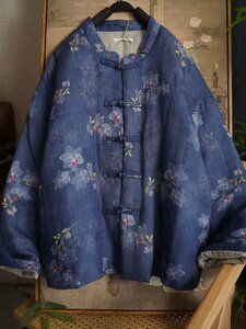 新品ジャケット半纏 襤褸羽織物 アウター コート中綿 アンティーク風 洋服ミックス ロマンファッション 楽ちん 上品な花柄 ブルーDYL430