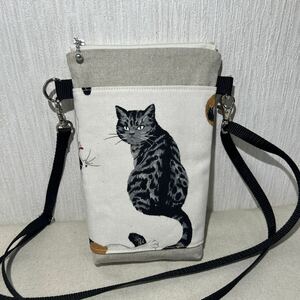 サコッシュ/外ポケット付き/12ｃｍ/スマホポーチ/ミニポシェット/ハンドメイド/サバ猫生成り