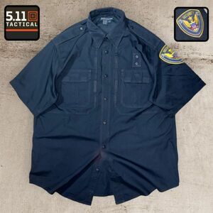 ★SECURITYワッペン★5.11 TACTICAL★半袖BDシャツ L ダークネイビー系 ピスネーム ショルダーループ ベンチレーション タクティカル 洗濯