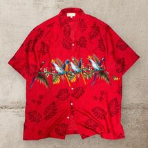 ★美品★総柄★ハワイアン★PALMERA 半袖アロハシャツ 2XL レッド系 オウム・インコ柄 オープンシャツ 古着 USED 洗濯 プレス済み 1270_画像1