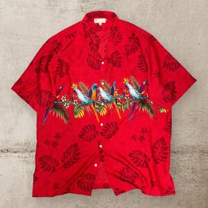 ★美品★総柄★ハワイアン★PALMERA 半袖アロハシャツ 2XL レッド系 オウム・インコ柄 オープンシャツ 古着 USED 洗濯 プレス済み 1270