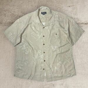 ★透かし花柄★SILK100%★St.John's Bay半袖シャツ XL ベージュ系 ウッドボタン スリット 50'Sスタイル ロックンロール ロカビリー古着