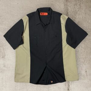 ★美品★バイカラー★Dickies 半袖ワークシャツ 2X ブラック×ベージュ系 Wピスネーム ディッキーズ 古着 クリーニング プレス済み w1301