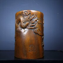 ◆古風堂◆中国 ペン立て 書道 花梨木 龍 彫刻 サイズ：10cm*10cm*15cm 重量：660g_画像6