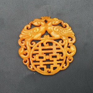 ◆古風堂◆中国・時代物 岫玉 雙面鏤空喜字玉佩 玉器把玩 玉璧 古董品 古美術 古賞物