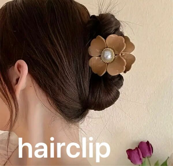 フラワーヘアクリップ パール 髪飾り ブラウン ヘアアクセサリー レディース 花