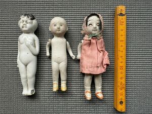 ８　うぶだし品　民家片付け品　レトロな人形３体　ジャンク　当時物　ビスクドール　ビンテージ　女の子　抱き人形　日本人形　豆人形
