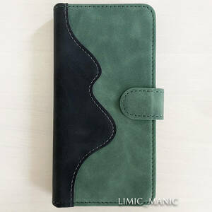 iPhone 13 / 14 ケース スマホ 手帳型 スウェード調 波模様 ツートン ブラック グリーン 黒 緑 アイフォン