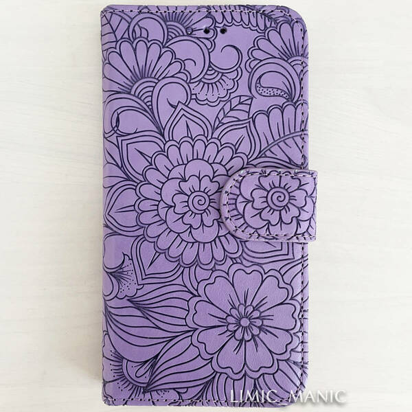 iPhone 6 6s 7 8 SE (第2世代/第3世代) SE2 SE3 ケース スマホ 手帳型 カードケース パープル 紫 紫色 花模様 エンボス加工 アイフォン