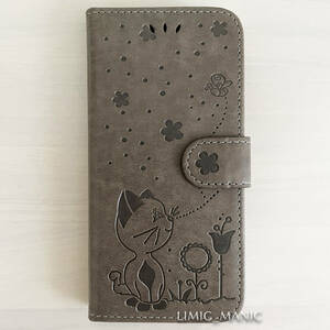 訳あり iPhone 7 8 SE (第2世代/第3世代) SE2 SE3 ケース スマホ 手帳型 カードケース グレー 灰 猫 CAT 猫ちゃん 蝶 花 アイフォン