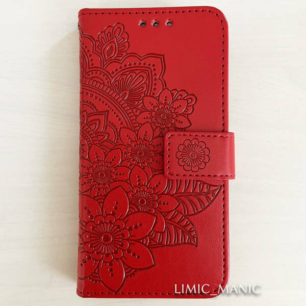 iPhone 7 8 SE (第2世代/第3世代) SE2 SE3 ケース スマホ 手帳型 カードケース レッド 赤 赤色 曼荼羅模様 花柄 アイフォン