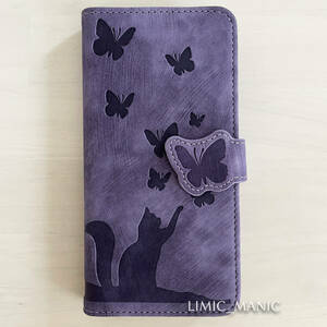 iPhone 13 / 14 ケース スマホ 手帳型 カードケース 紫 紫色 パープル 猫 CAT ねこ 蝶 エンボス加工 アイフォン