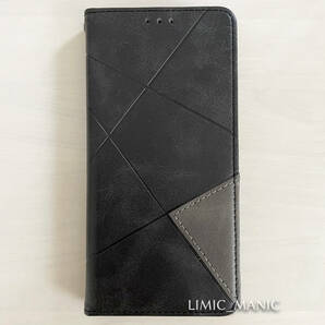 iPhone 13 / 14 ケース 手帳型 マグネット式 ブラック 黒 黒色 幾何学模様 線 アイフォン アイホン
