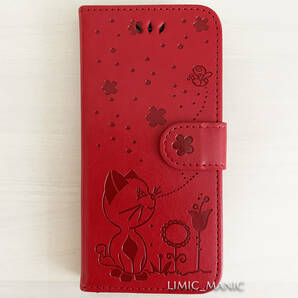 iPhone 7 8 SE (第2世代/第3世代) SE2 SE3 ケース スマホ 手帳型 カードケース レッド 赤 猫 CAT 猫ちゃん 蝶 花 アイフォン