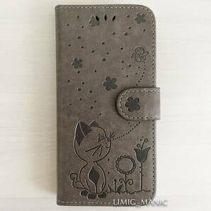 訳あり iPhone 7 8 SE (第2世代/第3世代) SE2 SE3 ケース スマホ 手帳型 カードケース グレー 灰 灰色 猫 CAT 猫ちゃん 蝶 花 アイフォン