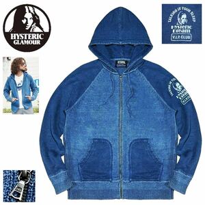 美品 定3.7万 HYSTERIC GLAMOUR x ORIGINAL BLUES インディゴ染め ガールプリント ニット切替 スウェットパーカー M ヒステリックグラマー