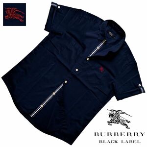  прекрасный товар Burberry Black Label BI G Horse вышивка гребень шлема полоса roll выше 2WAY стрейч рубашка с коротким рукавом 2/M темно-синий BURBERRY BLACK LABEL