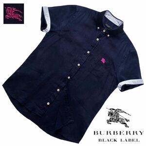 極美品 バーバリーブラックレーベル BIGホース刺繍 襟袖裏ボーダー リネン100% 2WAY ロールアップ 半袖シャツ 2/M 紺 BURBERRY BLACK LABEL