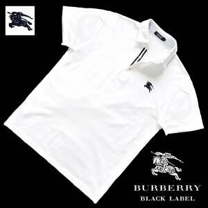 極美品 日本製 バーバリーブラックレーベル BIGホース刺繍 前立てストライプ ボーダー 鹿の子 半袖ポロシャツ 3/L 白 BURBERRY BLACK LABEL