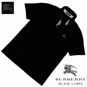 極美品 日本製 バーバリーブラックレーベル BIGホース刺繍 前立てストライプ ボーダー 鹿の子 半袖ポロシャツ 3/L 黒 BURBERRY BLACK LABEL