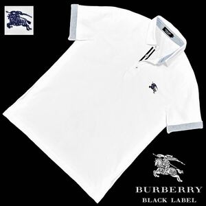 極美品 日本製 バーバリーブラックレーベル BIGホース刺繍 前立てストライプ COOLMAX 2WAY 鹿の子 ポロシャツ 3/L 白 BURBERRY BLACK LABEL