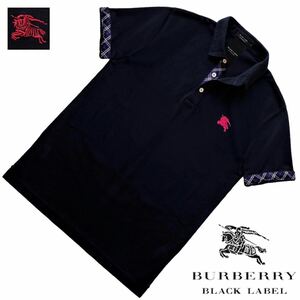 希少 新品 日本製 バーバリーブラックレーベル BIGホース刺繍 前立てノバチェック COOLMAX 鹿の子 ポロシャツ 3/L 紺 BURBERRY BLACK LABEL
