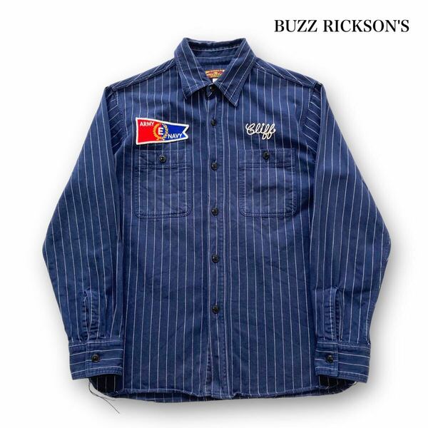 【BUZZ RICKSONS】バズリクソンズ ヘリンボーンストライプ 長袖シャツ ワークシャツ ワッペン チェーン刺繍 ミリタリーシャツ NAVY ARMY