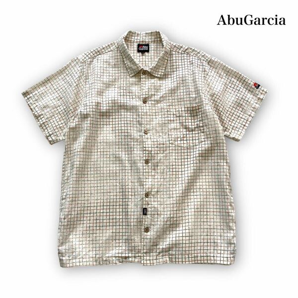 【Abu Garcia】アブガルシア ヘンプ混紡 半袖チェックシャツ 半袖シャツ ボタンダウンシャツ アウトドア ココナッツボタン 刺繍ロゴ 90s