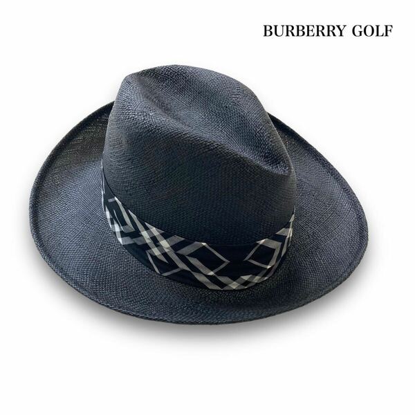 【BURBERRY GOLF】『タグ付き未使用』バーバリーゴルフ ノバチェック天然草ハット 中折れハット 麦わら帽子 黒 ブラック ストローハット 