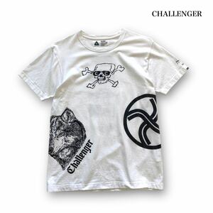 【CHALLENGER】challenger チャレンジャー 総柄Tシャツ 半袖Tシャツ スカル ウルフ フィッシュ ロゴ ホワイト 白 日本製 コットン (M)